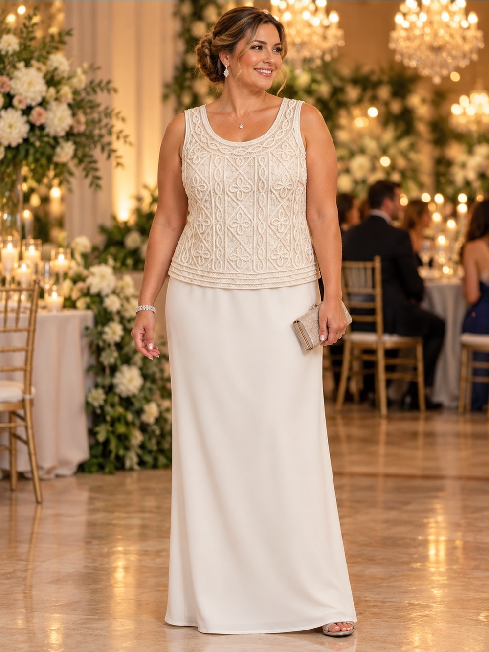 R&M Richards Ivory Embroidered Sleeveless Maxi Dress